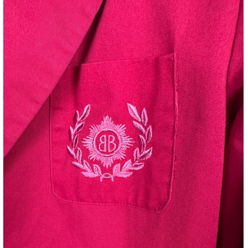 Vintage 90s Long line Bright Pink Cotton Blazer Embroidered Crest M L - Picture 3 of 4